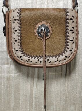 Justin Boots Western Crossbody Saddle Bag Faux Leather Hair On Concho Brown Purs